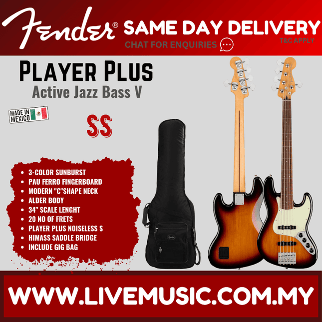 Fender Player Plus Jazz Bass V Guitar, Pau Ferro Fretboard - 3-Color Sunburst