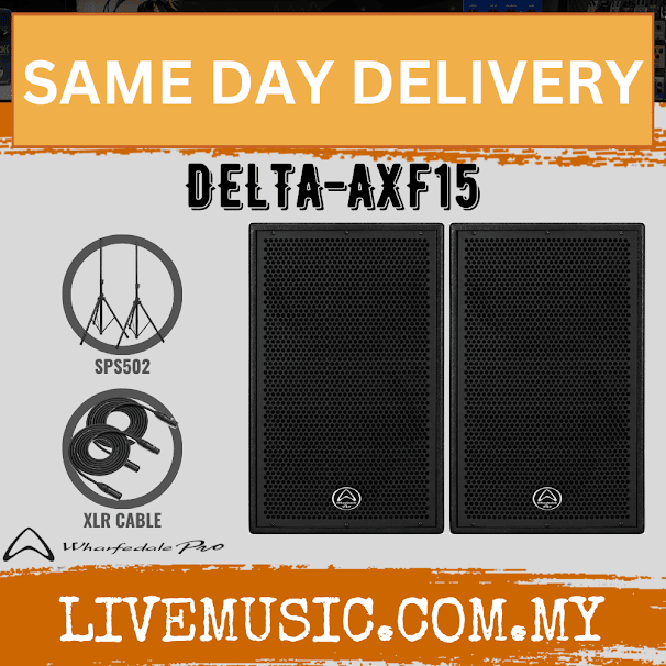 Pair of Wharfedale DELTA-AXF15 active speakers with XLR cable and stand icons