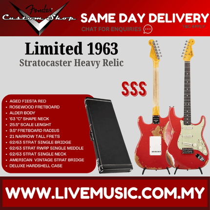Fender Custom Shop Limited 1963 Stratocaster Heavy Relic Electric Guitar, RW FB, Aged Fiesta Red