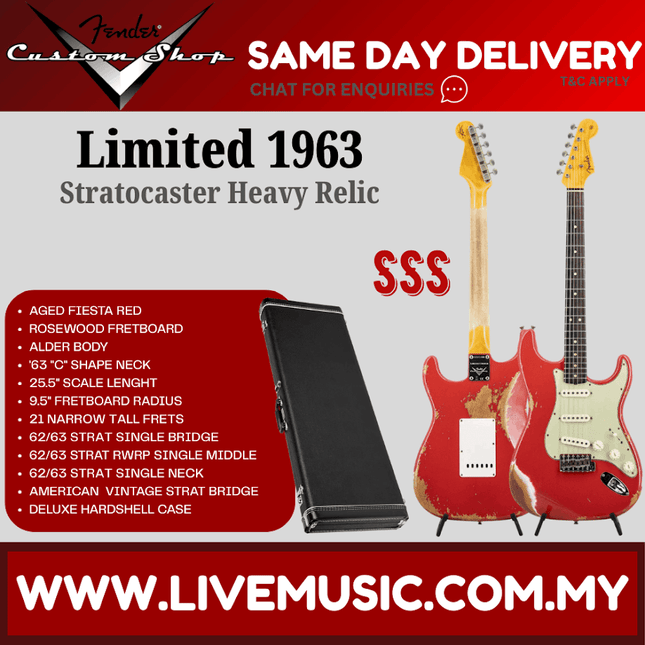 Fender Custom Shop Limited 1963 Stratocaster Heavy Relic Electric Guitar, RW FB, Aged Fiesta Red