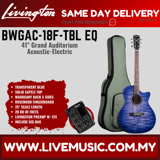 Livingston BWGAC-18F EQ Grand Auditorium 41" Solid Sapele Top Acoustic Guitar, RW FB, Trans Blue ( BWGAC 18F BWGAC18F )