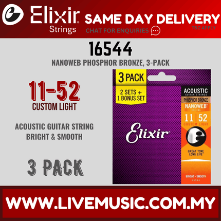 Elixir 16544 Nanoweb Phosphor Bronze Custom Light Acoustic Guitar Strings - 3 Pack (11-52)