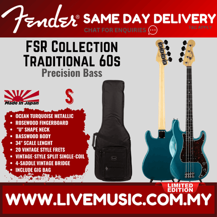 Fender FSR Collection Traditional 60s Precision Bass Guitar, RW FB, Ocean Turquoise Metallic