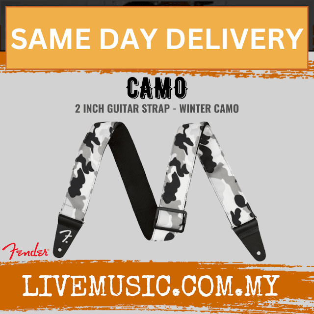 Winter camo guitar strap with black adjustable buckle and fabric ends