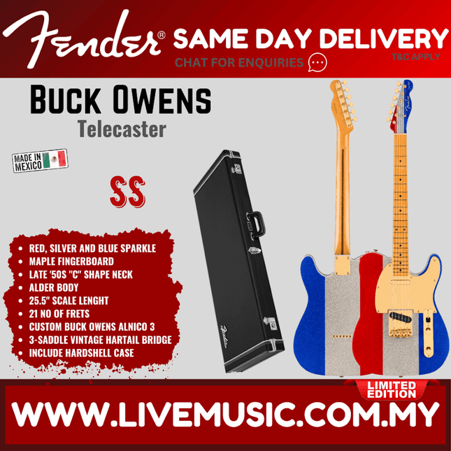 Fender Limited Edition Buck Owens Telecaster Electric Guitar, Maple FB, Red, Silver and Blue Sparkle