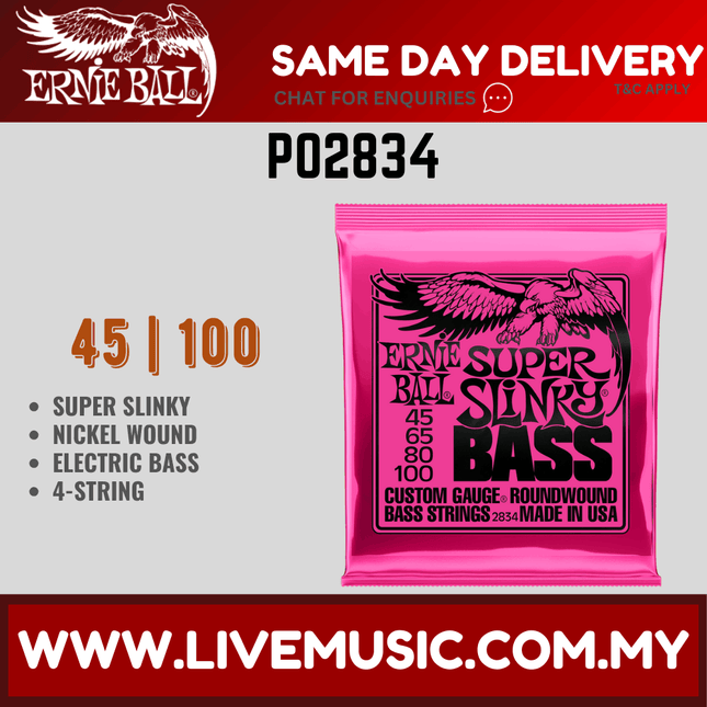 Ernie Ball 2834 Super Slinky Round Wound Electric Bass Strings (45-100/EB2834)