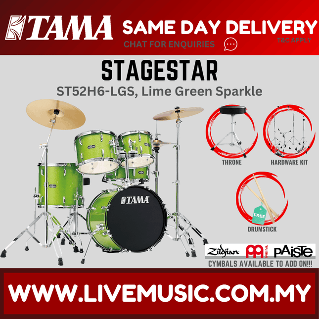 5-piece drum set with throne and drumsticks, lime green sparkle shells