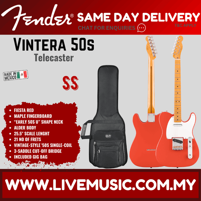 Fender Vintera 50s Telecaster Electric Guitar, Maple Fretboard with Gig Bag - Fiesta Red