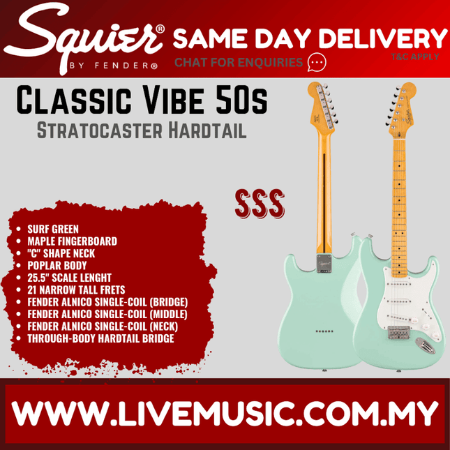 Squier Classic Vibe 50s Stratocaster Hardtail Electric Guitar, Maple FB, Surf Green
