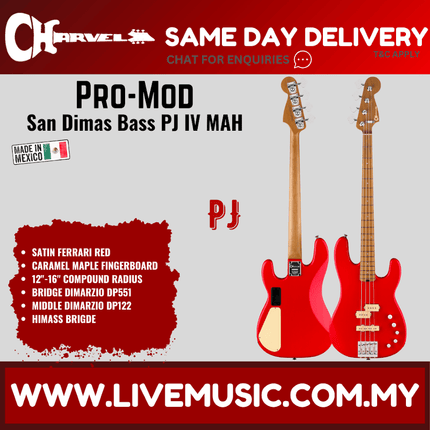 Charvel Pro-Mod San Dimas Bass PJ IV MAH Electric Bass Guitar, Maple FB, Satin Ferrari Red