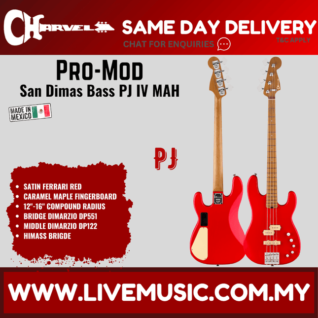 Charvel Pro-Mod San Dimas Bass PJ IV MAH Electric Bass Guitar, Maple FB, Satin Ferrari Red