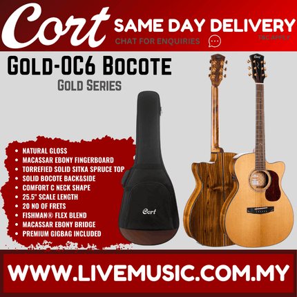 Cort Gold-OC6 Bocote OM Full Solid Acoustic Electric Guitar with Bag - Natural Glossy ( GoldOC6 Gold OC6 )