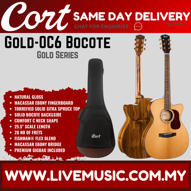 Cort Gold-OC6 Bocote OM Full Solid Acoustic Electric Guitar with Bag - Natural Glossy ( GoldOC6 Gold OC6 )