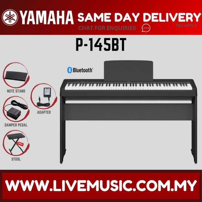 Yamaha P-145BT 88-Key Digital Piano w/Keyboard Bench, Headphone And Adapter - ( P145 P145BT P45 P-45 ) Replace P-145