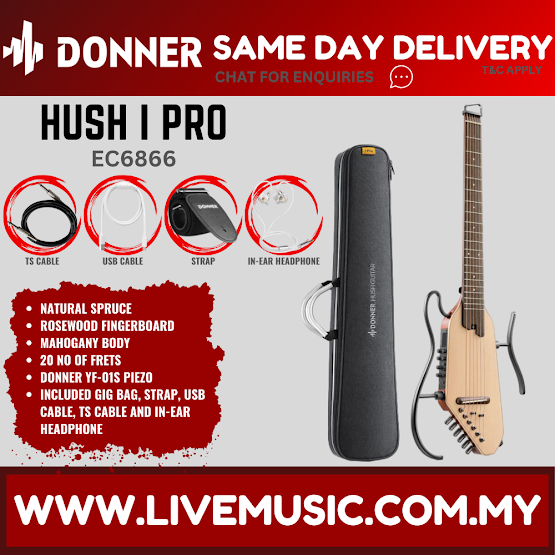 Donner EC6866 EC6868 Hush-i Pro Acoustic Electric Guitar Kit, Natural Spruce / White
