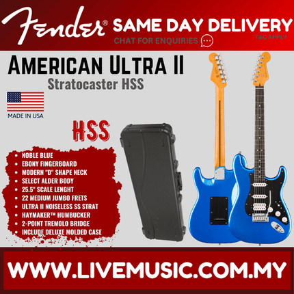 Fender American Ultra II Stratocaster HSS Electric Guitar, Ebony FB, Texas Tea / Noble Blue / Ultraburst