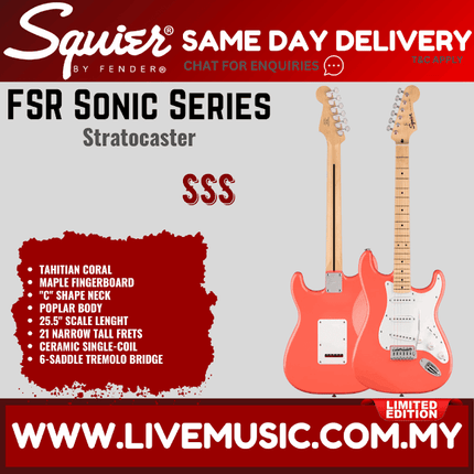 Squier FSR Sonic Stratocaster Electric Guitar w/White Pickguard, Maple FB, Tahitian Coral