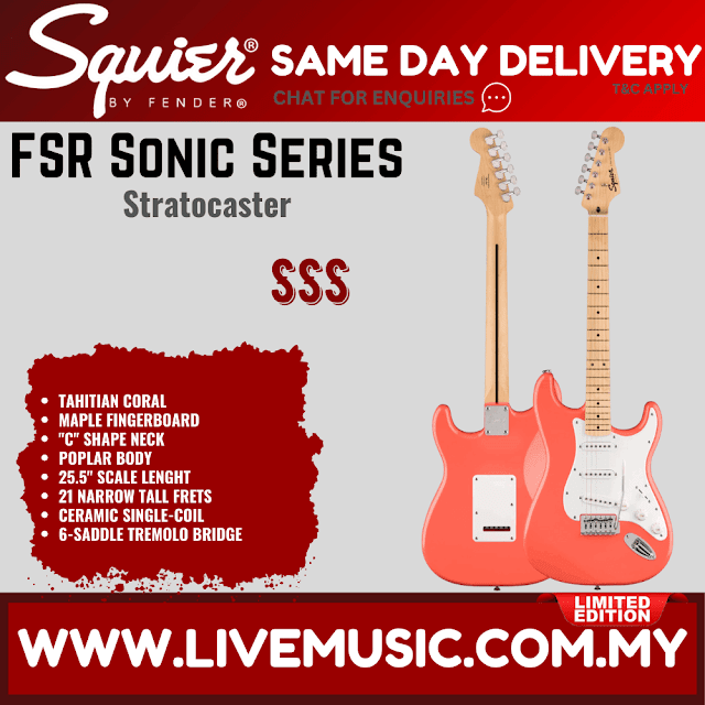 Squier FSR Sonic Stratocaster Electric Guitar w/White Pickguard, Maple FB, Tahitian Coral