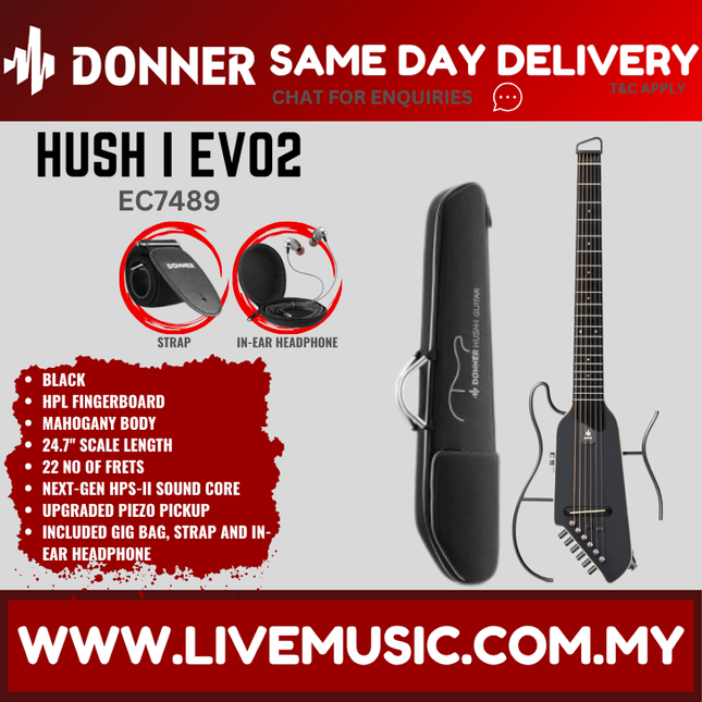 Donner EC7489 HUSH-I Evo 2 Acoustic Electric Travel Guitar, Black - ( HUSH I / HUSHI )