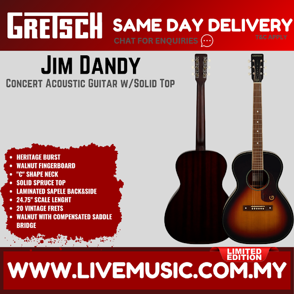 Gretsch Limited Edition Jim Dandy Concert Acoustic Guitar w/Solid Top, Walnut FB, Heritage Burst