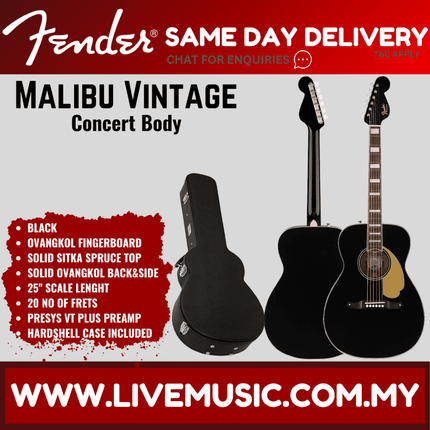 Fender Malibu Vintage Acoustic Guitar w/Case, Black