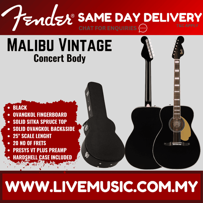 Fender Malibu Vintage Acoustic Guitar w/Case, Black