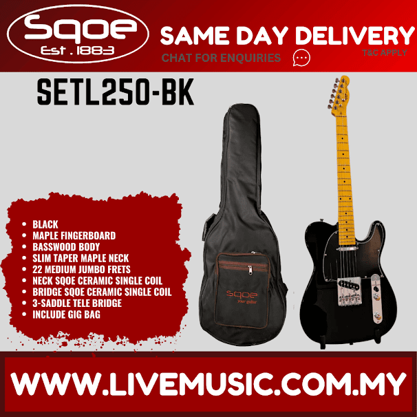 SQOE SETL250 Telecaster Electric Guitar w/Gig Bag, Maple FB - Black ( SETL-250 / SETL 250 )