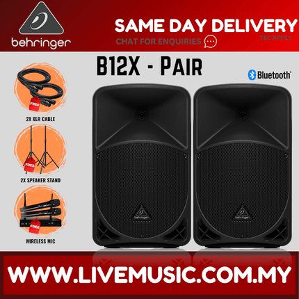 Behringer B12X 1000W 12" Powered Speaker w/UG-88HH Wireless Mic, Speaker Stand and Cable - Pair ( B-12X / B 12X )