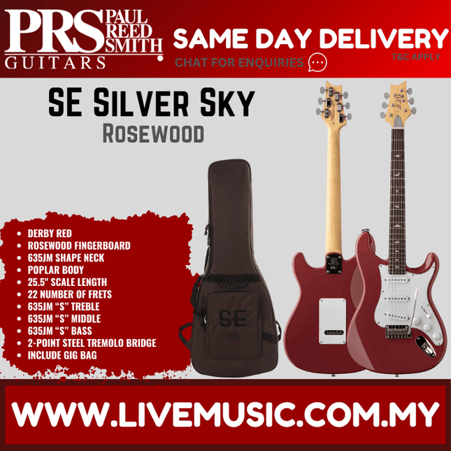 PRS SE Silver Sky Electric Guitar w/GigBag, Rosewood FB, Derby Red