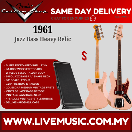 Fender Custom Shop 1961 Jazz Bass Heavy Relic Guitar, RW FB, Super Faded Aged Shell Pink