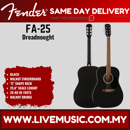 Fender FA-25 Dreadnought Acoustic Guitar, Black ( FA 25 / FA25 )