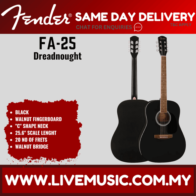 Fender FA-25 dreadnought acoustic guitar, black body and walnut fingerboard