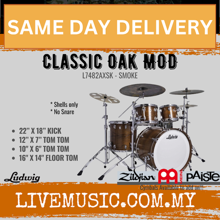Ludwig L7482AXSK Classic Oak 4-Piece MOD Drum Kit (22B+12T+10T+16F), Smoke