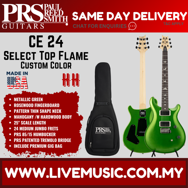 PRS CE24 Select Top Flame Electric Guitar w/Bag, Custom Color, Metallic Green