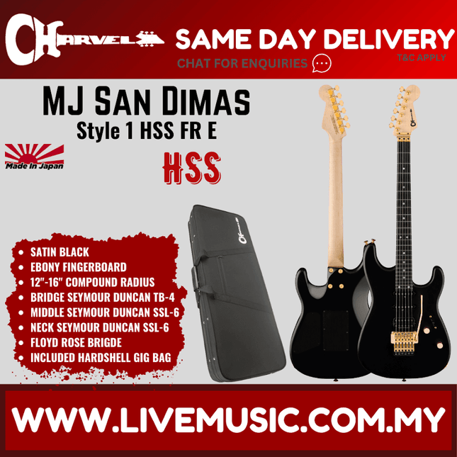 Charvel MJ San Dimas Style 1 HSS FR E Electric Guitar, Ebony FB, Satin Black