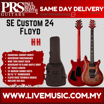 PRS SE Custom 24 Floyd Electric Guitar, Ebony FB, Charcoal Cherry Burst