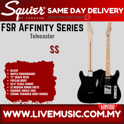 Squier FSR Affinity Series Telecaster Electric Guitar, Maple FB, Black