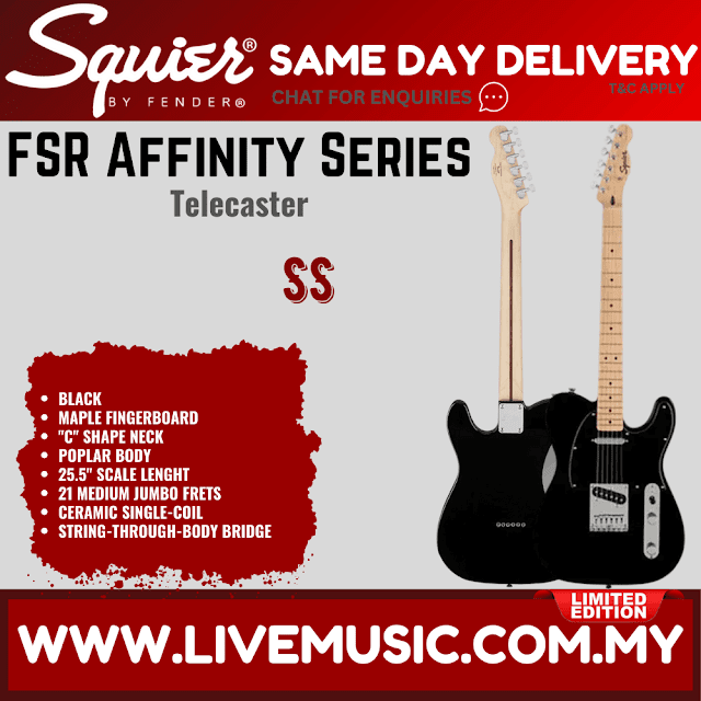 Squier FSR Affinity Series Telecaster Electric Guitar, Maple FB, Black