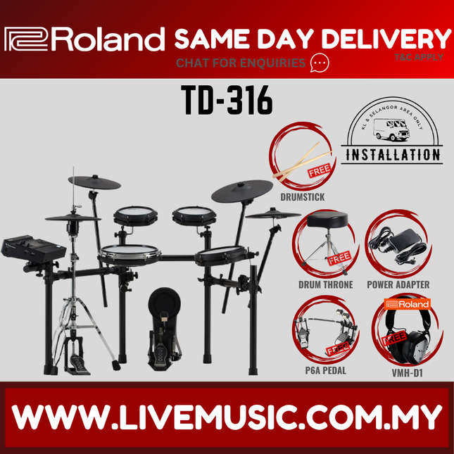 Roland TD-316 Electronic Digital Drum Set w/Double Pedal And Accessories ( TD316 TD 316 ) Replace TD17KVX2 TD-17KVX2