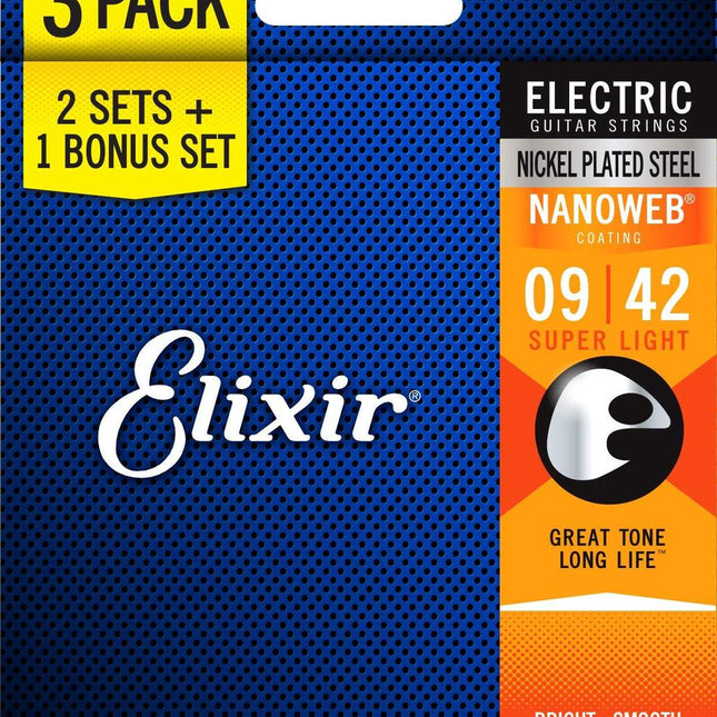 Elixir 16540 Nanoweb Coated Super Light Electric Guitar Strings - 3 Pack (9-42)
