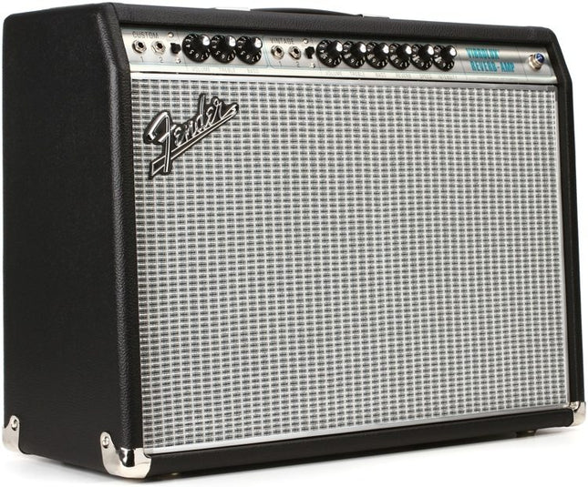 Black Fender guitar amp combo with silver control panel and square silver grille
