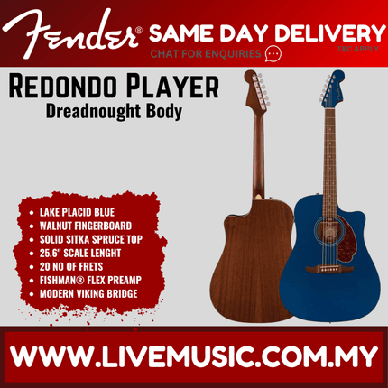 Fender California Redondo Player Acoustic Guitar, Walnut FB, Lake Placid Blue