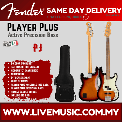 Fender Player Plus Precision Bass Guitar, Pau Ferro Fretboard - 3 Color Sunburst / Olympic Pearl