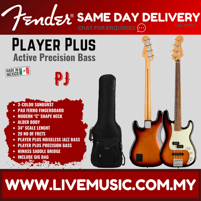 Fender Player Plus Precision Bass Guitar, Pau Ferro Fretboard - 3 Color Sunburst / Olympic Pearl