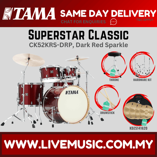 Dark red sparkle 5-piece drum set with silent cymbal kit and snare
