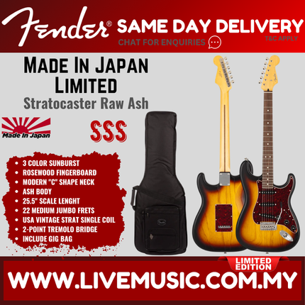 Fender MIJ Limited Stratocaster Electric Guitar, RW FB, Raw Ash 3-Color Sunburst
