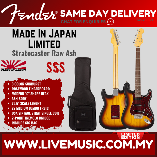 Fender MIJ Limited Stratocaster Electric Guitar, RW FB, Raw Ash 3-Color Sunburst
