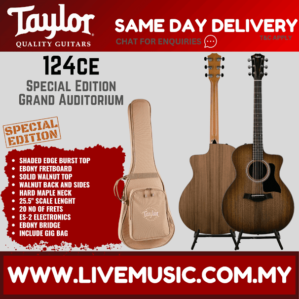 Taylor acoustic guitar with gig bag, shaded edge burst top, grand auditorium body