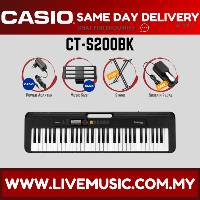 Casio CT-S200 61-Keys Casiotone Keyboard with Keyboard Stand, Damper pedal, Headphone And Bag - Black ( CTS200 / CT S200 )