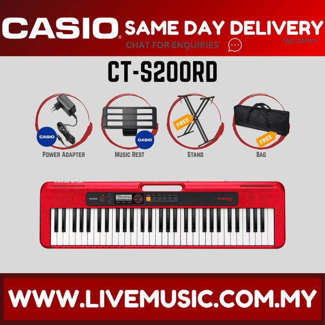 Casio CT-S200 61-Keys Casiotone Keyboard with Keyboard Stand, Damper pedal, Headphone And Bag - Red ( CTS200 / CT S200 )